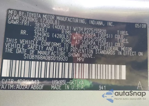 2008 Toyota Sequoia Limited 5.7L V8 from USA, damaged, VIN 5TDBY68A08S019920